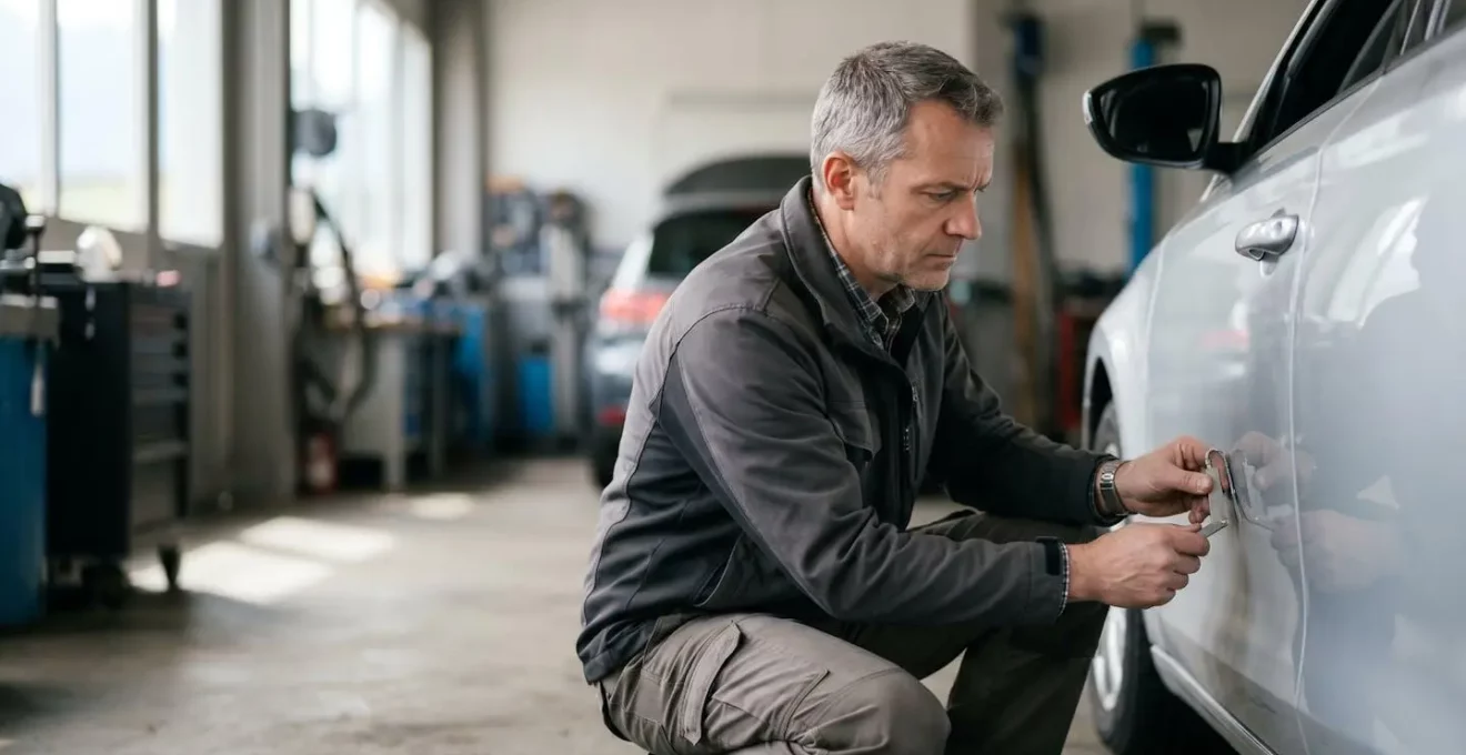 Expert automobile examinant un véhicule pour évaluation de dépréciation
