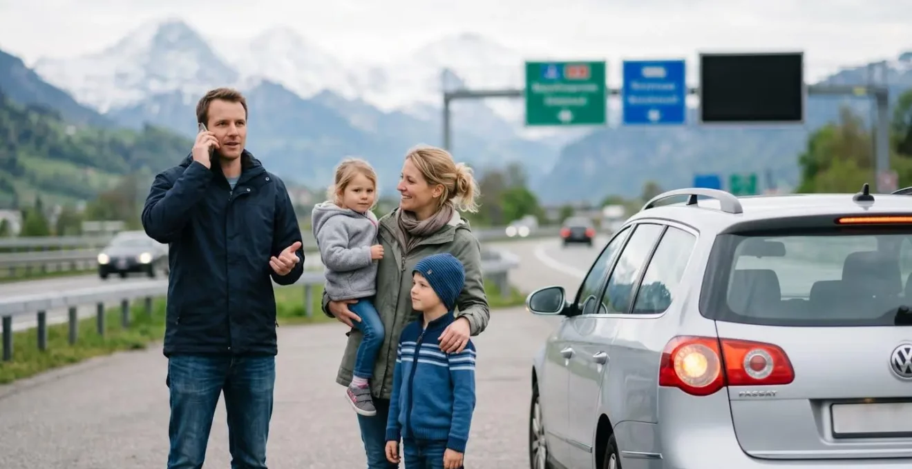 Scène de famille suisse avec enfants attendant l'assistance dépannage près d'une voiture en panne sur une aire d'autoroute alpine