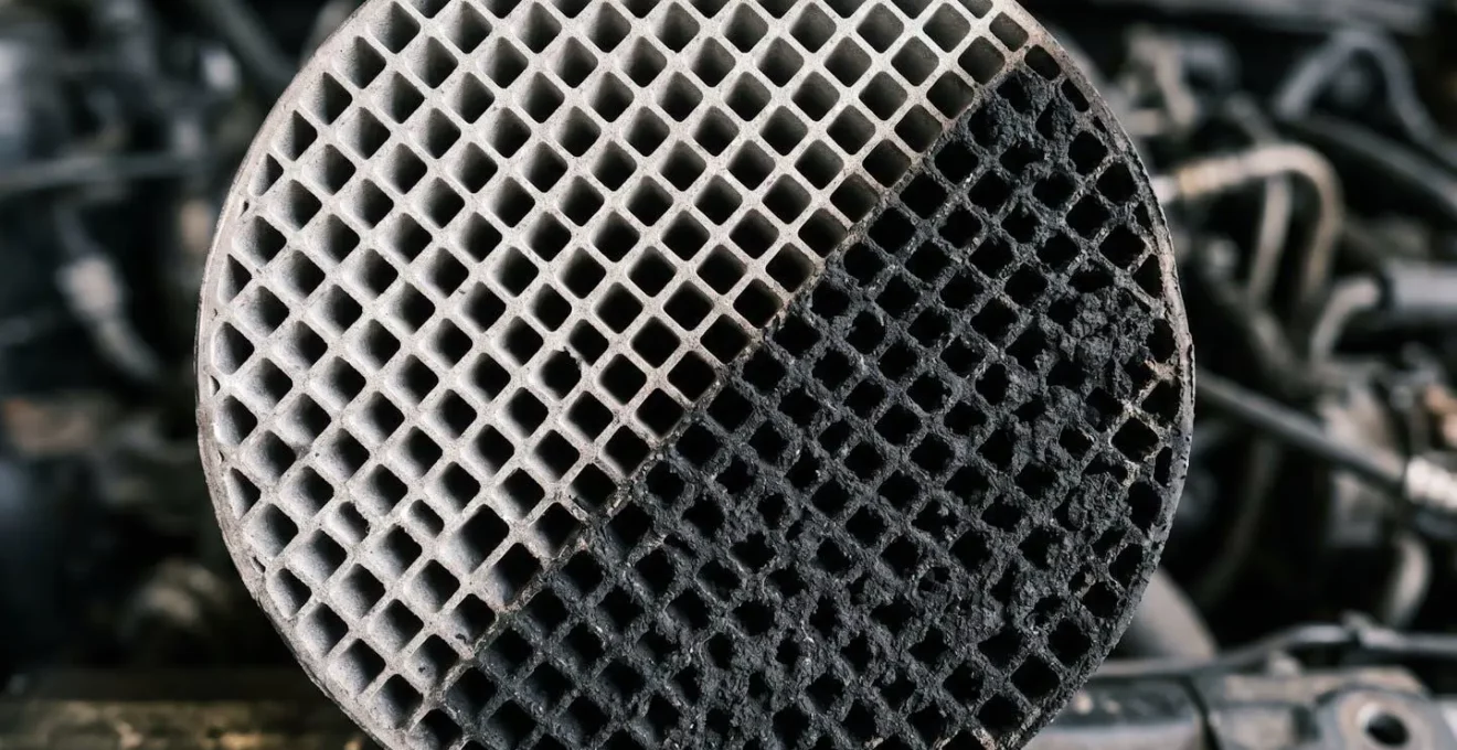 Vue macro détaillée d'un filtre à particules diesel montrant l'encrassement par la suie carbonée, textures contrastées