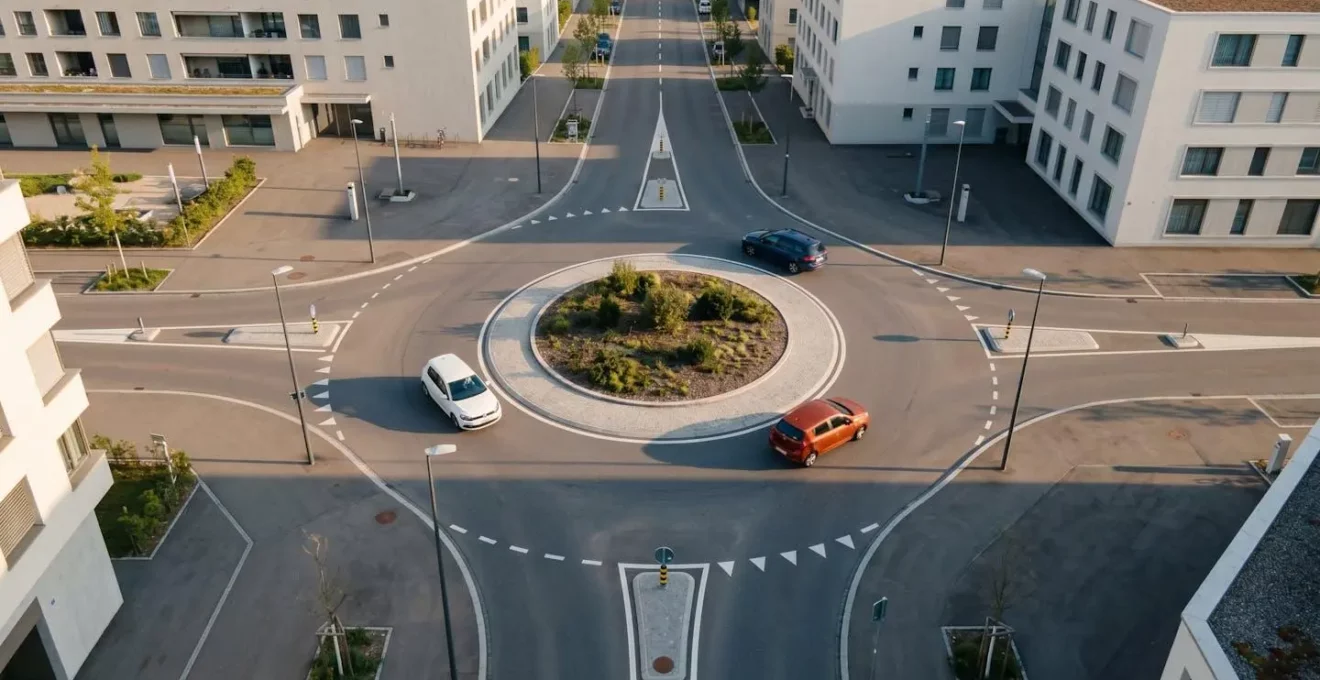 Vue aérienne d'un rond-point suisse montrant les trajectoires des véhicules et les zones de conflit