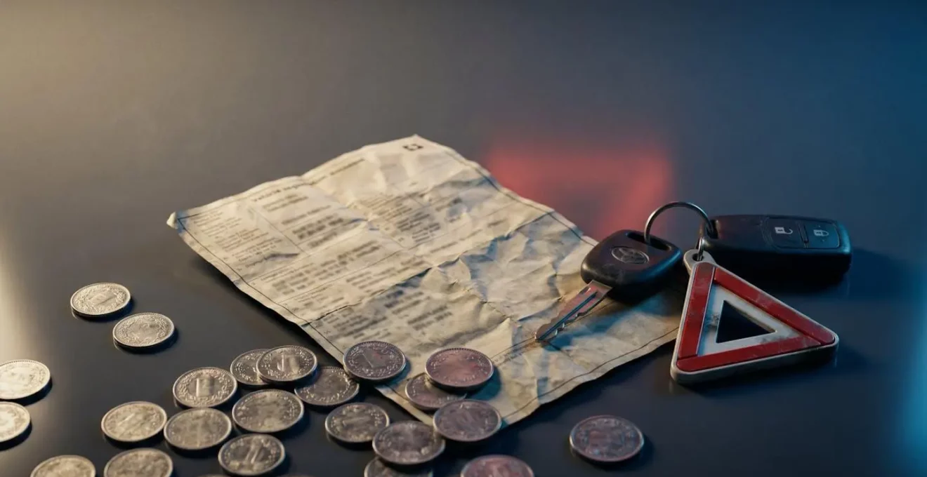 Composition symbolique d'objets évoquant le coût financier d'un accident de la route sans texte visible
