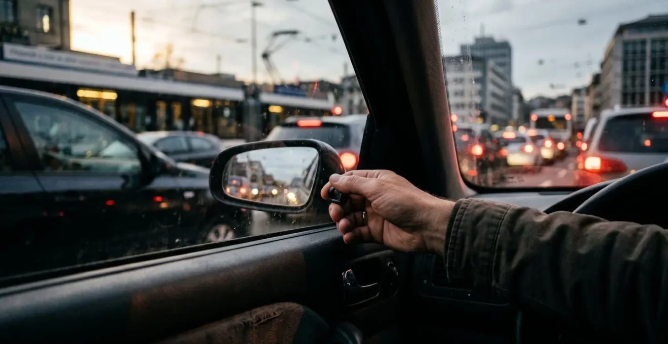 Main d'un automobiliste vérifiant son rétroviseur latéral dans un embouteillage dense