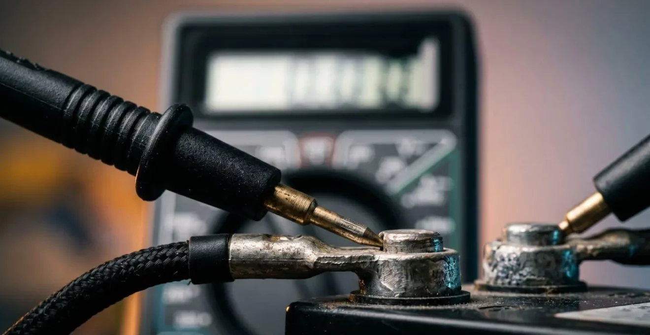Gros plan macro d'un multimètre mesurant la tension d'une batterie de voiture en hiver