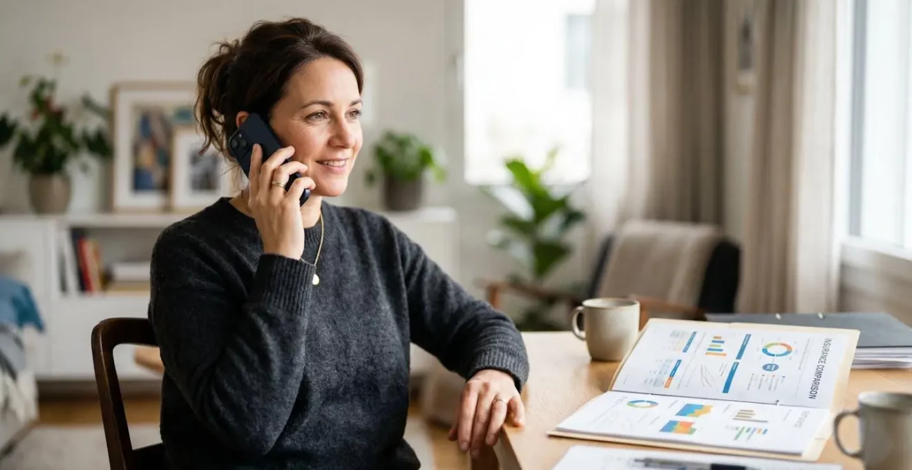 Personne au téléphone négociant avec son assureur en consultant des devis d'assurance concurrents