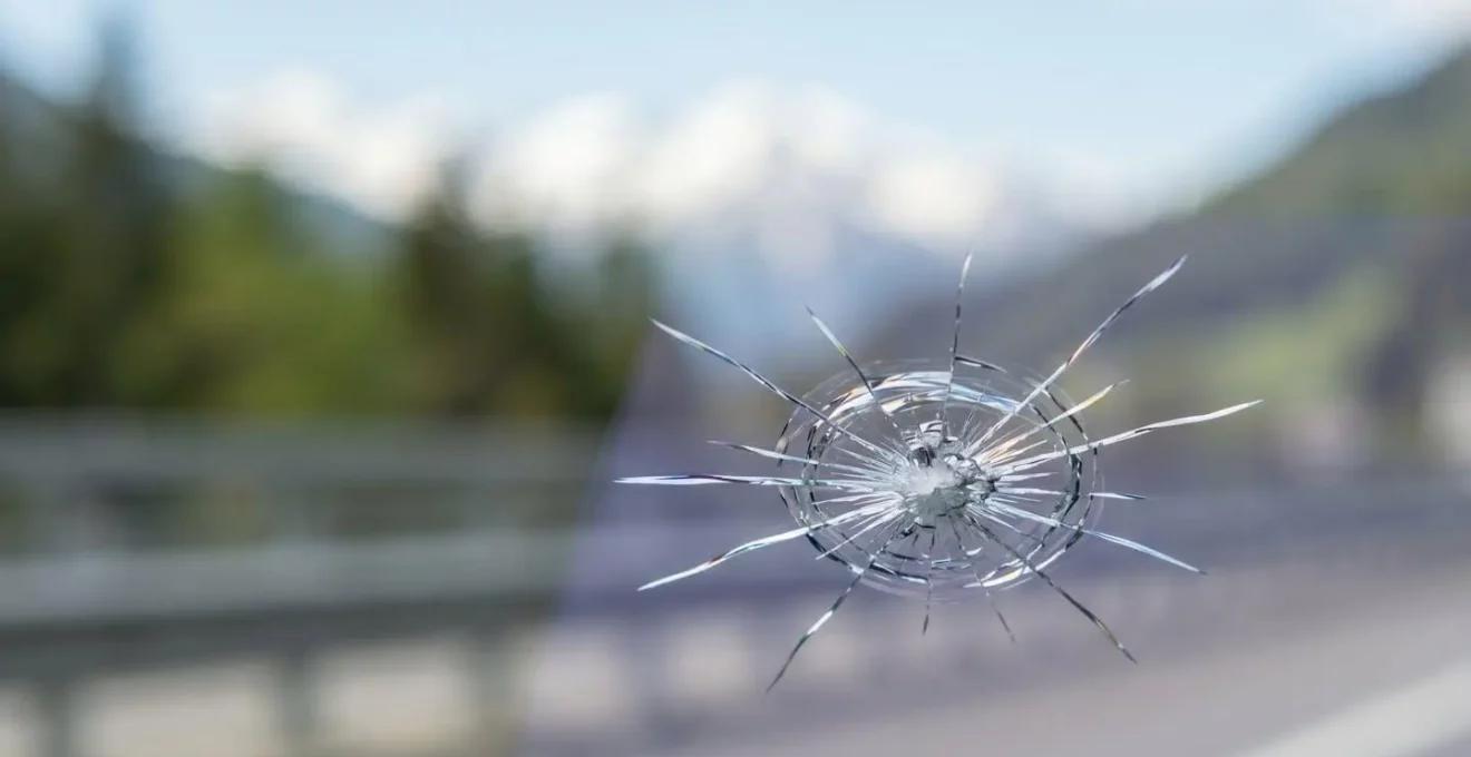 Gros plan d'une fissure en étoile sur un pare-brise de voiture avec paysage autoroutier suisse flou en arrière-plan