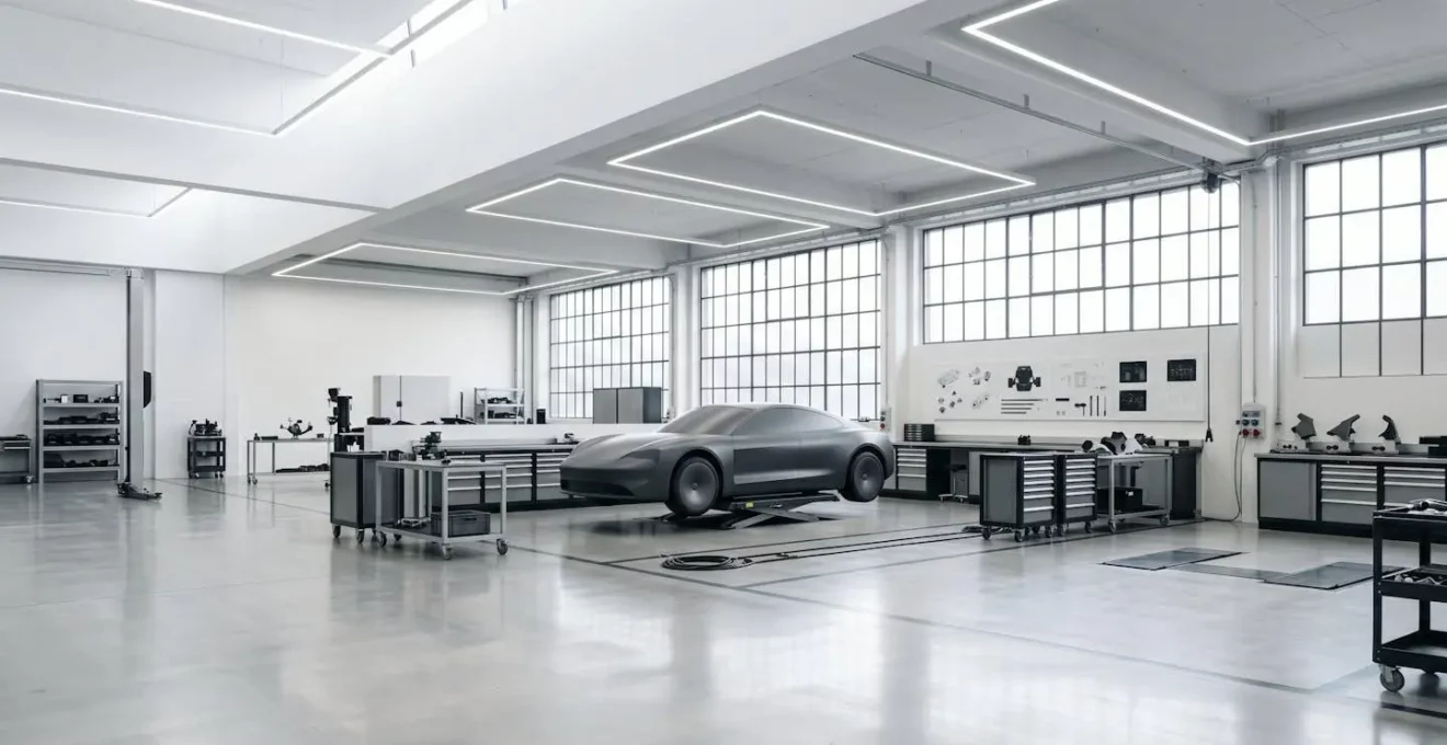 Vue grand angle d'un atelier de carrosserie suisse avec outils professionnels et espace de travail