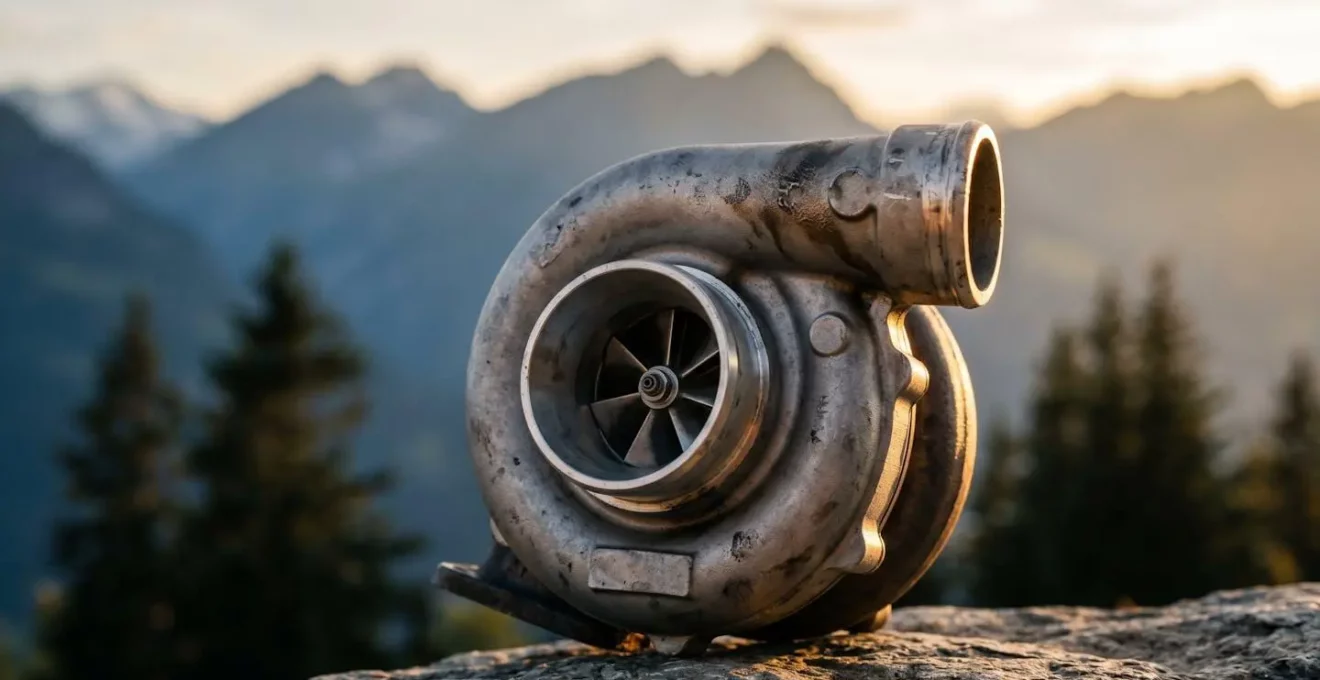 Turbocompresseur automobile photographié en gros plan avec éléments de contexte alpin suisse en arrière-plan flou