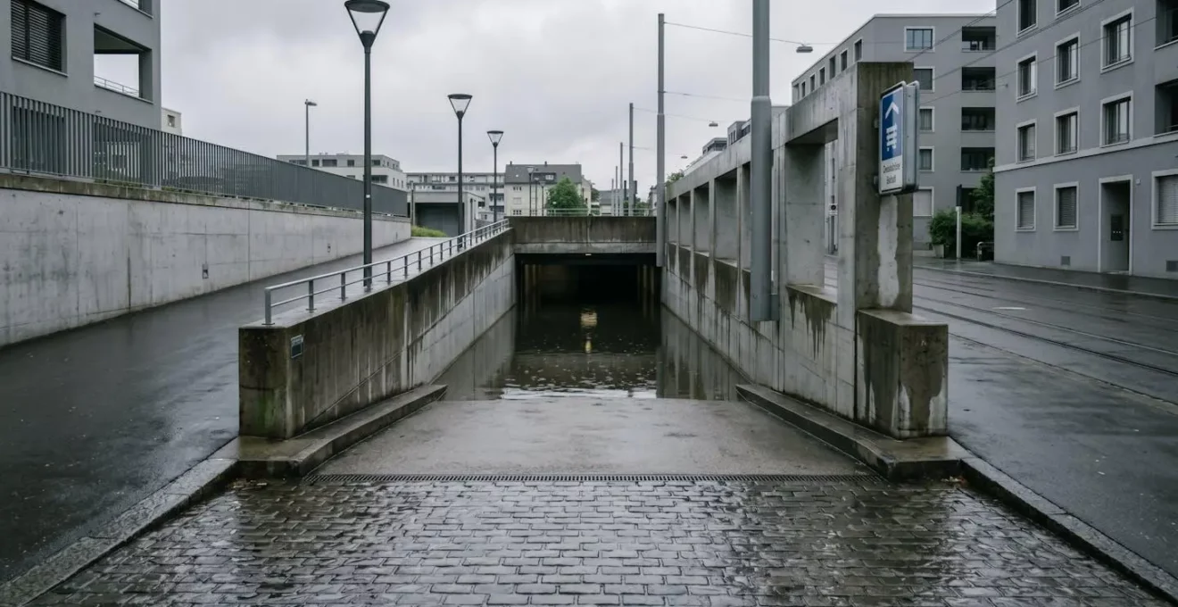 Vue grand angle d'un passage souterrain inondé en zone urbaine suisse avec niveau d'eau critique, lumière naturelle dramatique
