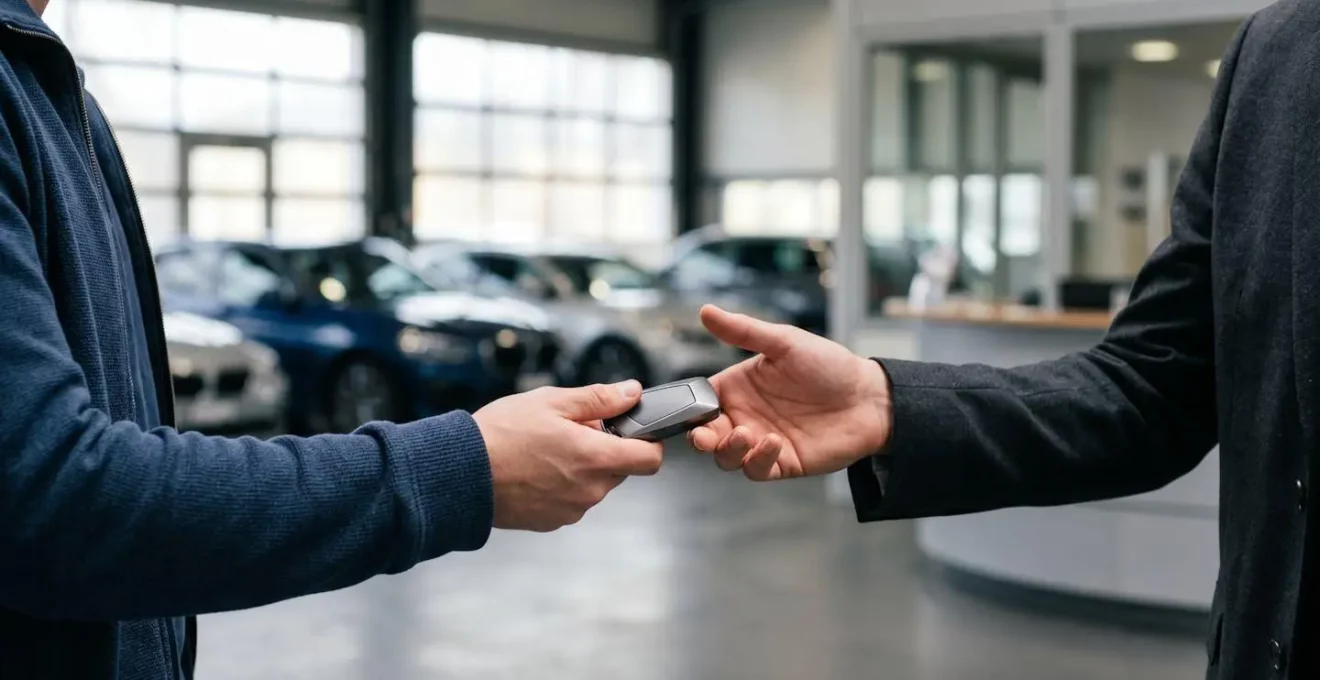 Scene professionnelle de remise de cles de vehicule de remplacement dans un environnement de service automobile suisse