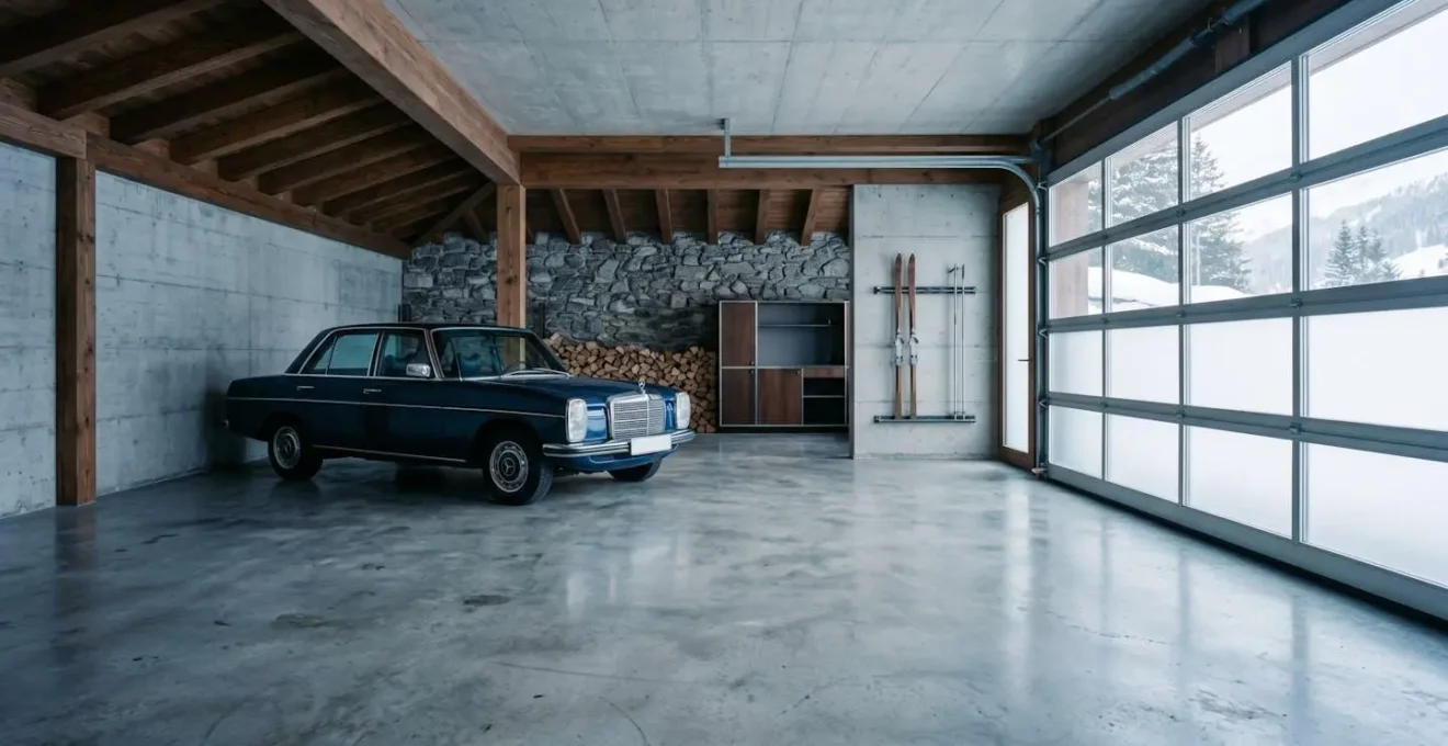 Véhicule garé dans un garage durant l'hiver illustrant la suspension des plaques