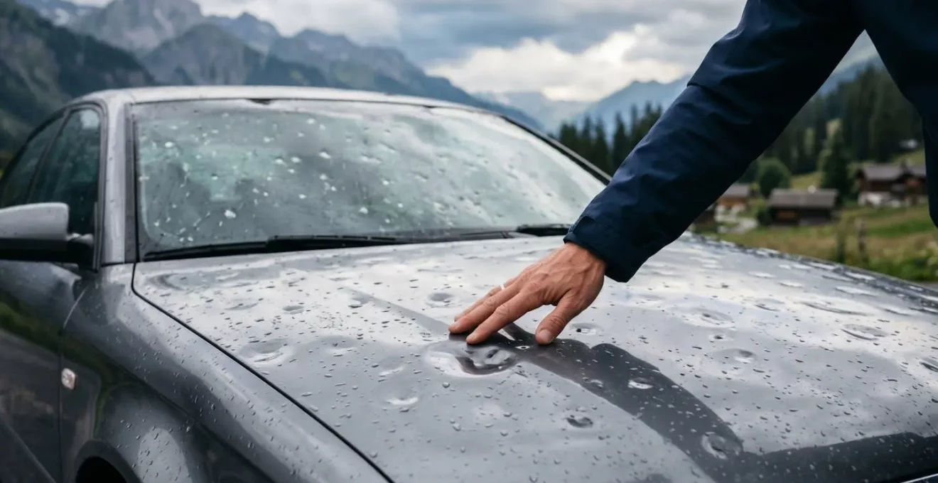 Vue rapprochée d'une carrosserie de voiture présentant de multiples impacts de grêle sous un ciel alpin
